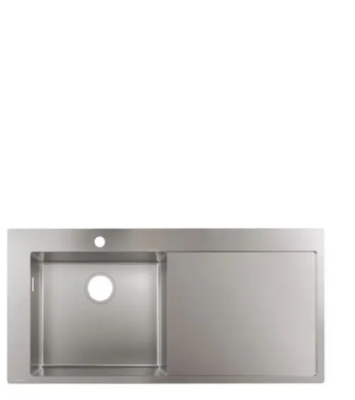 Edelstahlspüle von Hansgrohe mit einem Hauptbecken und einer Abtropffläche auf der rechten Seite, eingebaut mit einer runden Abflussöffnung.